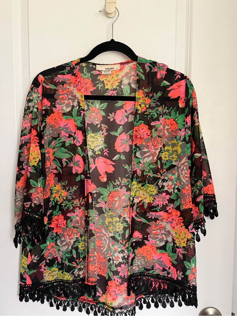 Sans Souci Black Sheer Floral Kimono with Neon Floral Print